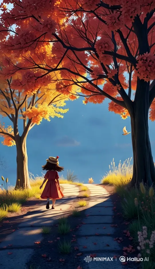 Girl in Red Dress Embarks on Autumn Journey – AI Generated Video | Hailuo AI