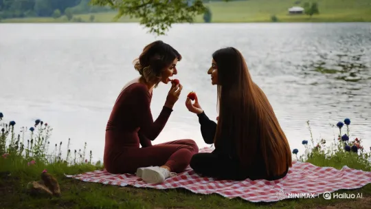 Italian and Middle Eastern Women Enjoy Picnic by Tranquil Lake – AI Generated Video | Hailuo AI