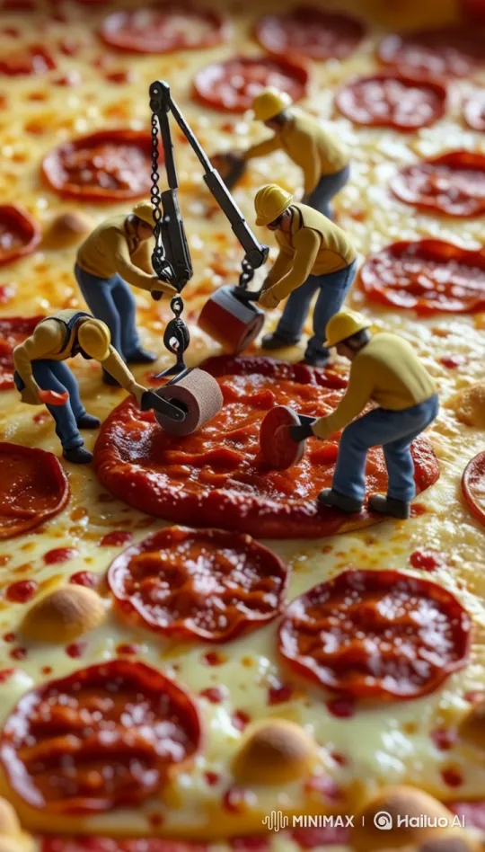 Miniature Workers Craft a Pepperoni Pizza – AI Generated Video | Hailuo AI