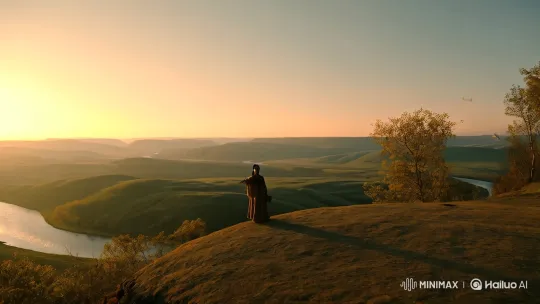 Dreamy Landscape: Figure at Sunset, Dance of Serenity – AI Generated Video | Hailuo AI
