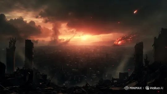 Post-Apocalyptic Cityscape at Sunset: A Dramatic Panorama – AI Generated Video | Hailuo AI