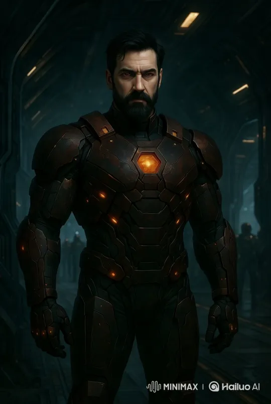 Futuristic Armored Suit Wearer in Dramatic Corridor Scene – AI Generated Video | Hailuo AI