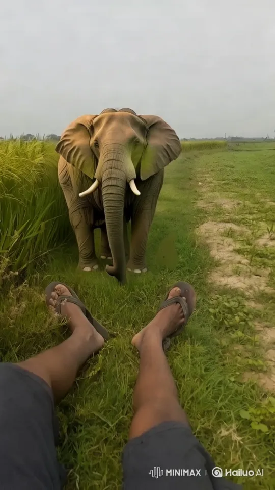 Elephant Approaches Person in Serene Grassland – AI Generated Video | Hailuo AI