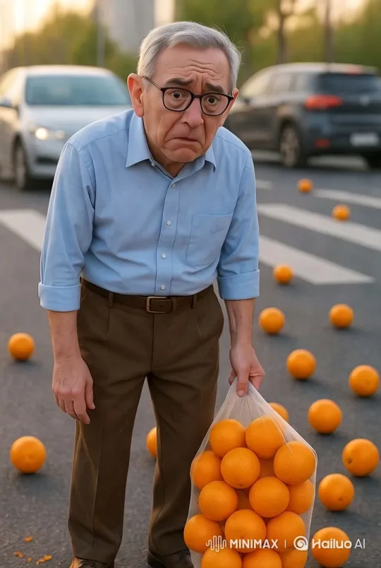 Elderly Man Distressed by Fallen Oranges in Urban Setting – AI Generated Video | Hailuo AI