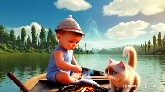 Baby and Cat Enjoy Fishing Adventure on Serene Lake – AI Generated Video | Hailuo AI