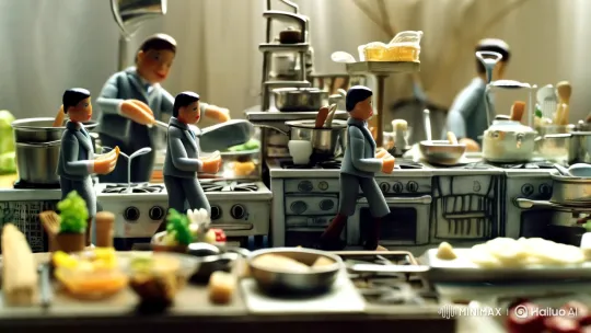 Miniature Culinary Scene with Detailed, Synchronized Workers – AI Generated Video | Hailuo AI