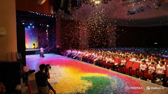 Celebration Confetti Cascade in Auditorium Timelapse – AI Generated Video | Hailuo AI