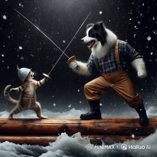 Lumberjack Dog and Pastafarian Cat Fence on a Log Raft – AI Generated Video | Hailuo AI