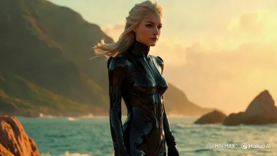 Woman in Black Suit by the Ocean at Dusk – AI Generated Video | Hailuo AI