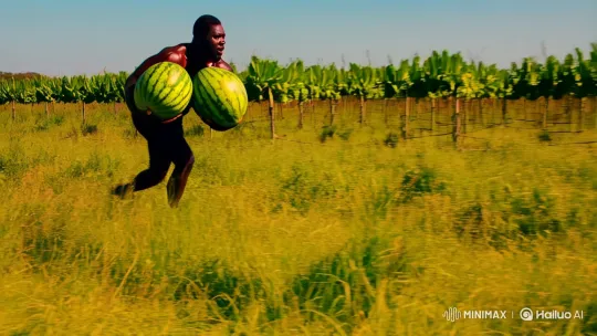 Man Sprints with Stolen Watermelons in Sunlit Field – AI Generated Video | Hailuo AI