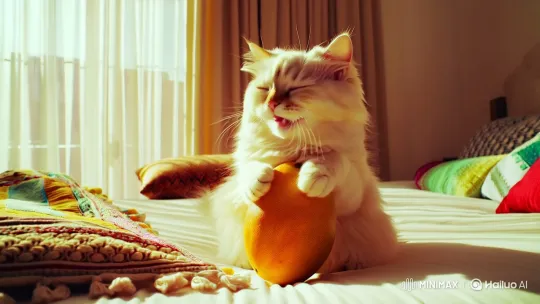 Cat Serenades with Mango in Sunlit Bedroom – AI Generated Video | Hailuo AI