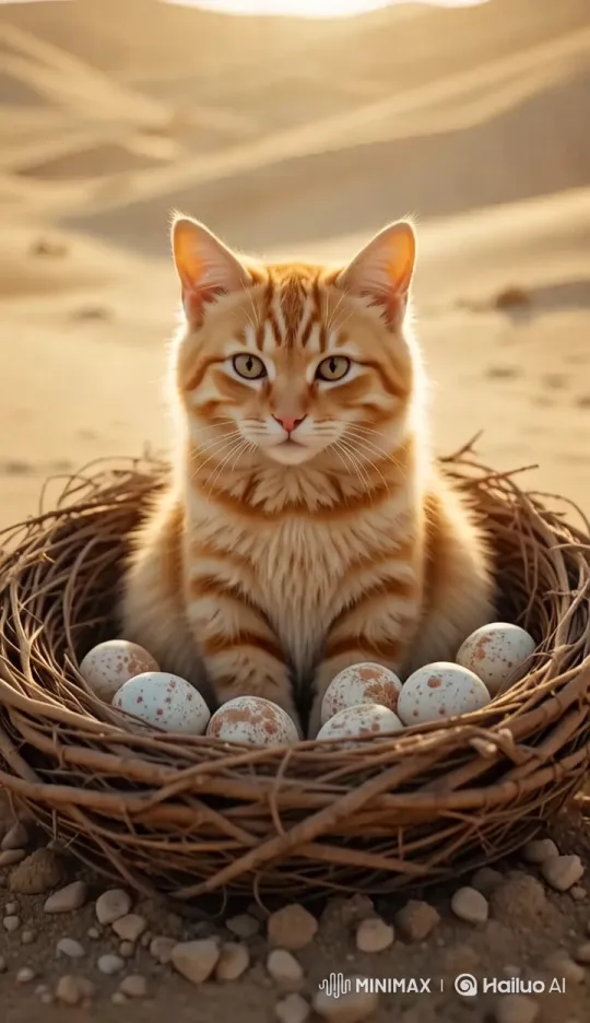 Cat in Desert Nest Amidst Golden Sands – AI Generated Video | Hailuo AI