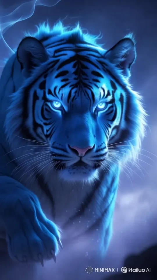 Mystical Blue Tiger Glows in Foggy Jungle Dawn – AI Generated Video | Hailuo AI