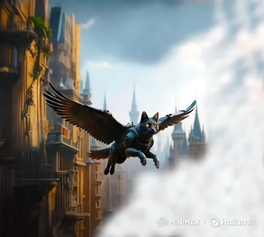 Mechanical Cat Soars Through Aesthetic Cityscape – AI Generated Video | Hailuo AI