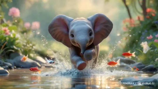 Baby Elephant Frolics in Sparkling Stream – AI Generated Video | Hailuo AI