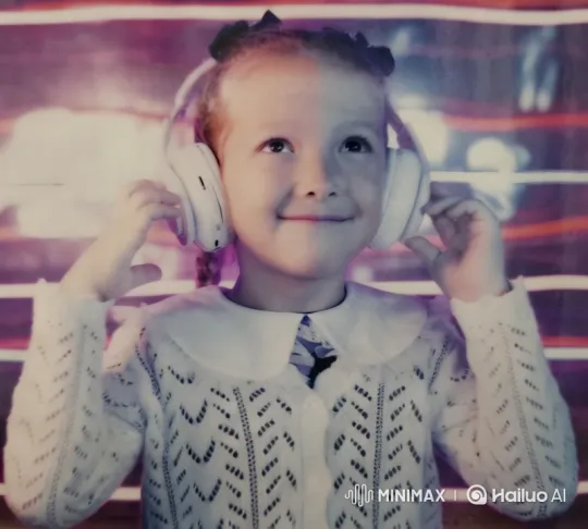 Young Girl Adjusts Headphones, Laughs in Vibrant Setting – AI Generated Video | Hailuo AI