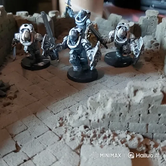 Futuristic Soldiers Charge Through Ruined Stone Courtyard – AI Generated Video | Hailuo AI