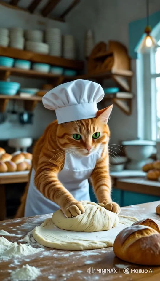 Cute Cat Chef Bakes Dough in Cozy Kitchen – AI Generated Video | Hailuo AI