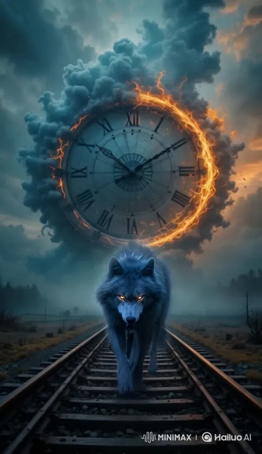 Wolf Walks by Fiery Clock on Mystical Rails – AI Generated Video | Hailuo AI