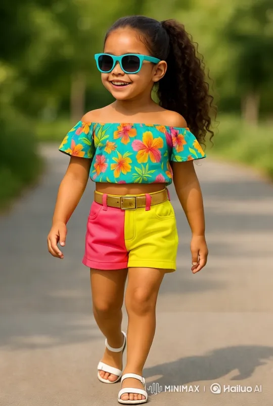 Young Girl Struts Confidently in Colorful Outfit at Kids' Fashion Show – AI Generated Video | Hailuo AI