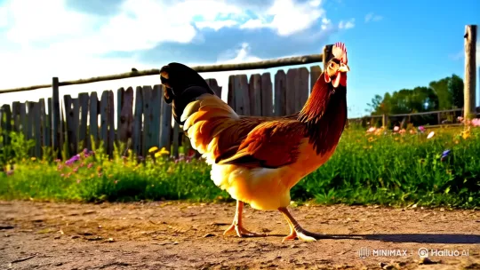 Hen's Graceful Dance in a Sunlit Farmyard – AI Generated Video | Hailuo AI