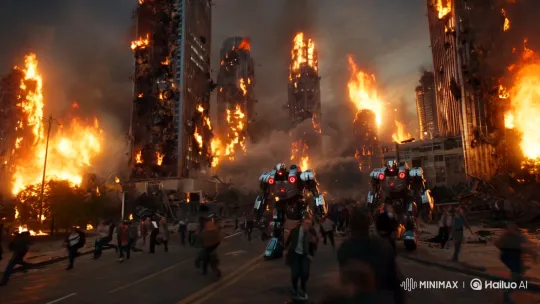 Dystopian Cityscape Destroyed by Fire and Robots – AI Generated Video | Hailuo AI