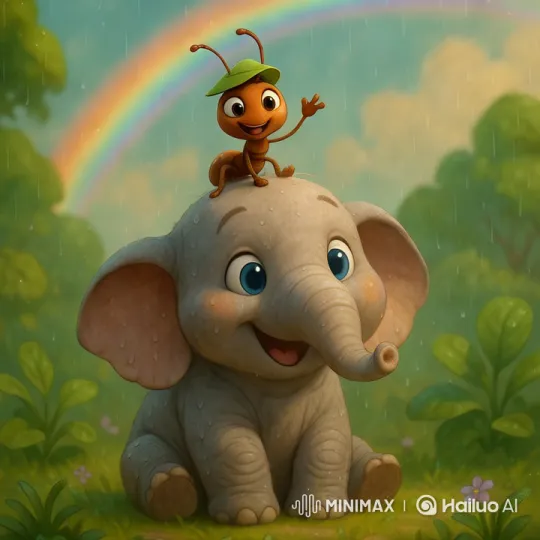 Baby Elephant and Ant Enjoy Rainbow Magic – AI Generated Video | Hailuo AI