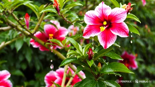 Vibrant Hibiscus Bush Captured in Rainy Elegance – AI Generated Video | Hailuo AI