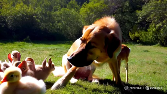 Dog Cares for Animal Babies in Enchanting Forest Clearing – AI Generated Video | Hailuo AI
