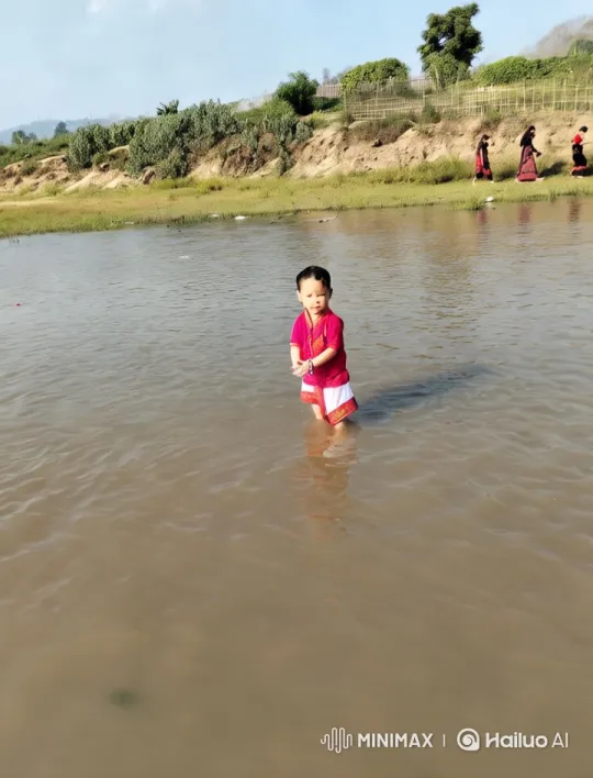 Child Splashes in River Amidst Cultural Riverside Scene – AI Generated Video | Hailuo AI