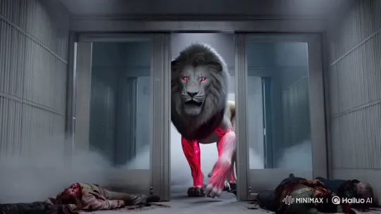 3D Albino Lion Haunts Digital Lab in High-Def Horror Scene – AI Generated Video | Hailuo AI