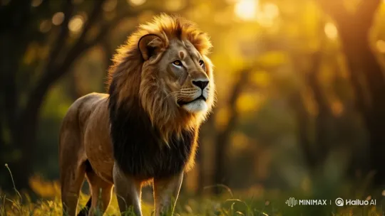 Majestic Lion in Golden Forest at Sunset – AI Generated Video | Hailuo AI