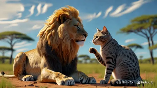 Lion and Cat in Peaceful Savannah Interaction – AI Generated Video | Hailuo AI