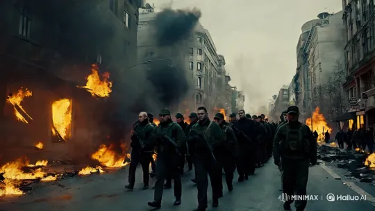 Soldiers March Through War-Torn City Amid Chaos – AI Generated Video | Hailuo AI