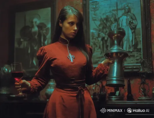 Woman in Red Dress with Wine Amidst Vintage Religious Art – AI Generated Video | Hailuo AI