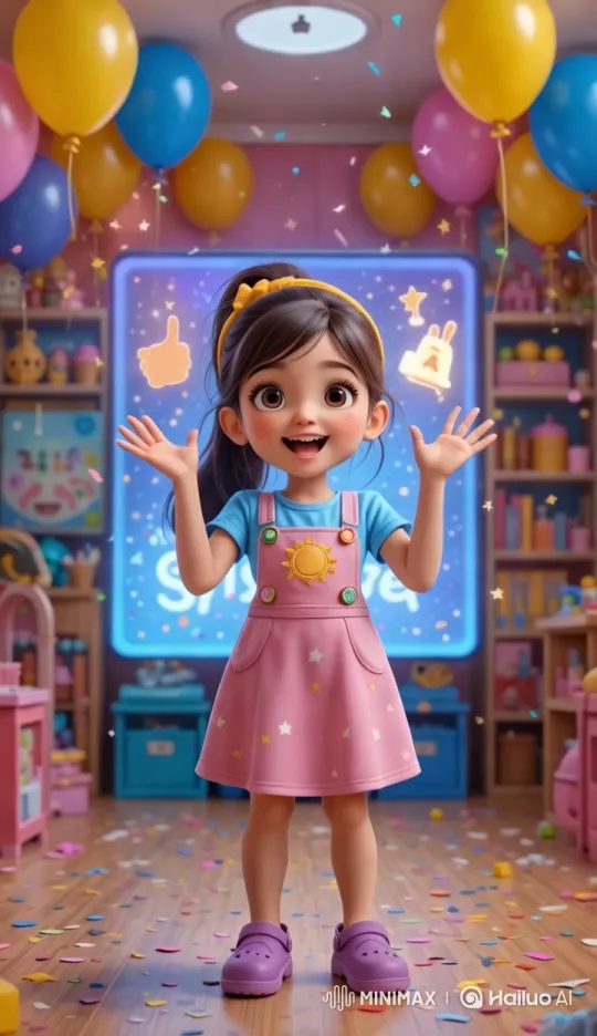 Joyful Girl Celebrates in Colorful, Decorated Room – AI Generated Video | Hailuo AI