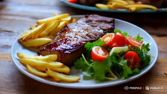 Artful Plate: Meat, Chips, and Salad Delight – AI Generated Video | Hailuo AI
