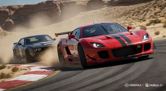 Desert Race: Red Car Triumphs Over Black Challenger – AI Generated Video | Hailuo AI