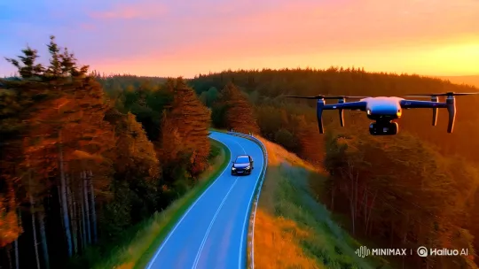 Countryside Journey: Car, Drone, and Sunset Symphony – AI Generated Video | Hailuo AI