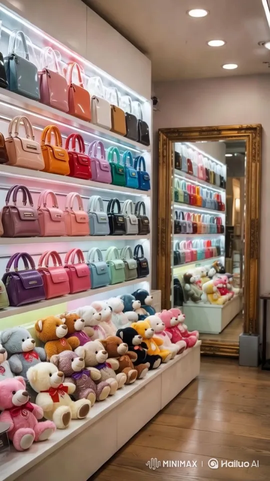 Charming Teddy Bear Hearts Display Amidst Designer Handbags – AI Generated Video | Hailuo AI