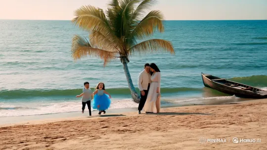 Family's Joyful Play on Serene Beach Captured – AI Generated Video | Hailuo AI