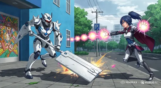 Futuristic Warrior Duel in Urban Setting – AI Generated Video | Hailuo AI