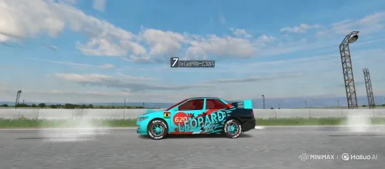 Race Car Driver Prepares on Turquoise Leopard Car – AI Generated Video | Hailuo AI