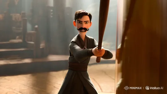 Boy with Mustache Fights with Bat in Aesthetic Scene – AI Generated Video | Hailuo AI