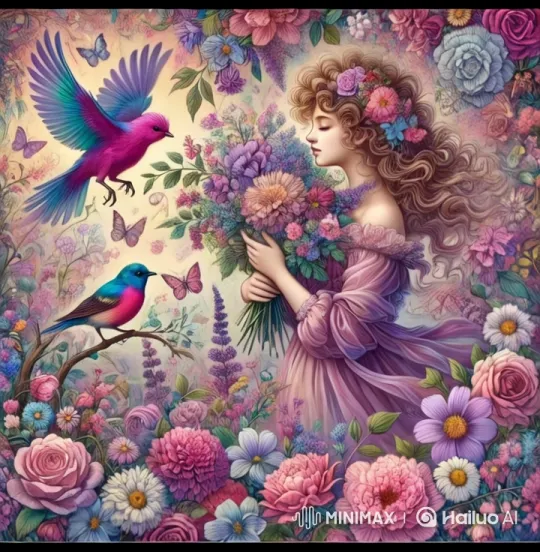 Whimsical Garden Portrait of Flower-Laden Woman – AI Generated Video | Hailuo AI