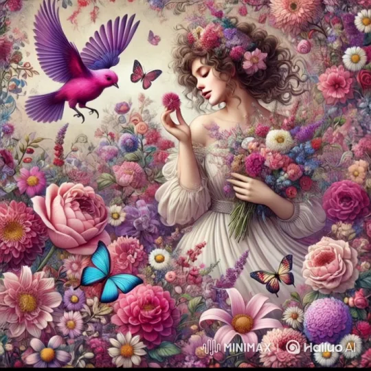 Whimsical Fantasy Portrait of a Flower-Gazing Woman – AI Generated Video | Hailuo AI