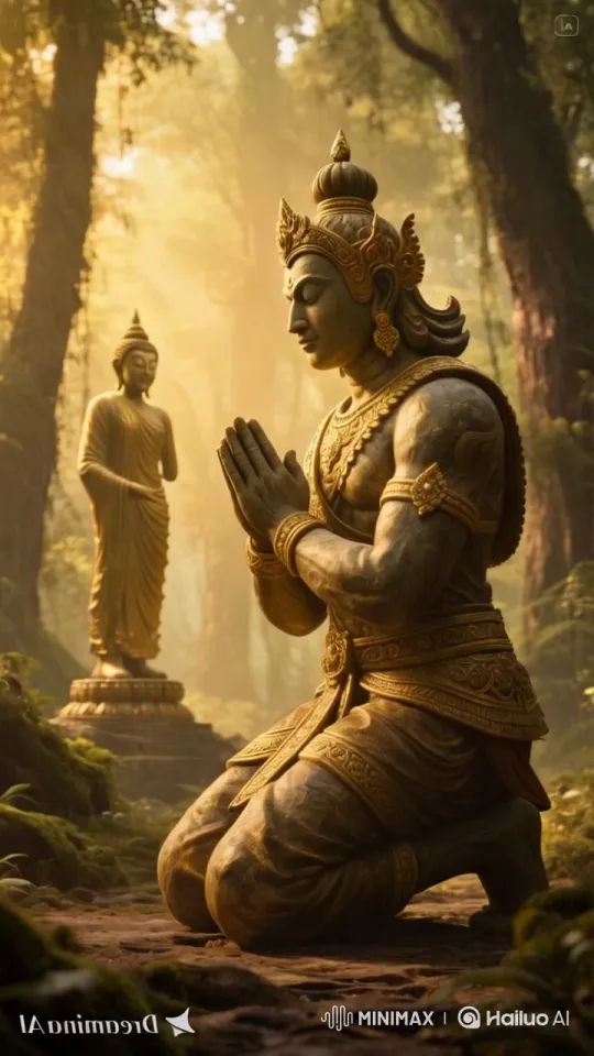 Serene Forest with Kneeling Giant Statue – AI Generated Video | Hailuo AI