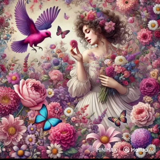 Enchanted Fantasy Garden: Serene Woman with Floral Bouquet – AI Generated Video | Hailuo AI