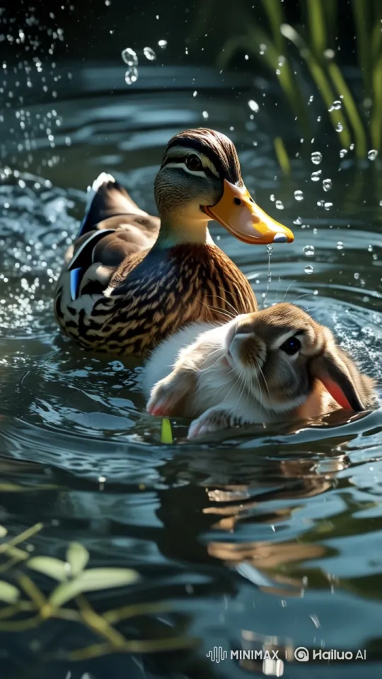 Duck Rescues Struggling Rabbit by Pond – AI Generated Video | Hailuo AI