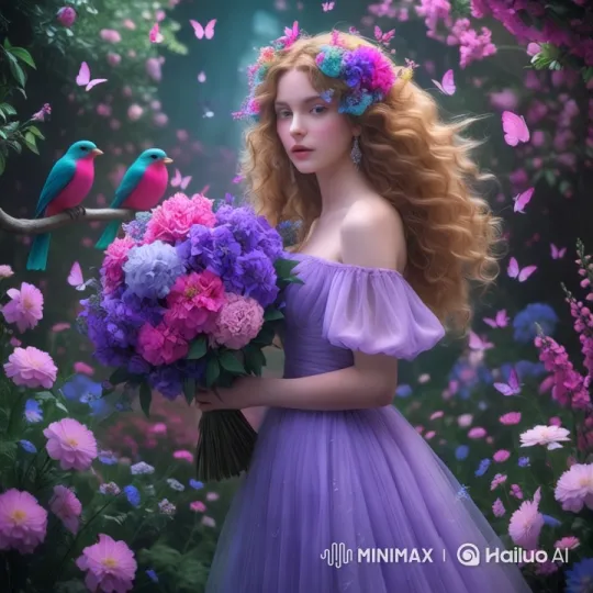 Enchanted Garden: Young Woman with Flowers in Pastel Hues – AI Generated Video | Hailuo AI